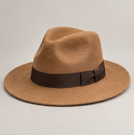 Camel Fedora hat with dark brown ribbon