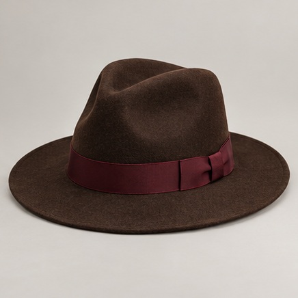 Dark brown Fedora hat with burgundy ribbon