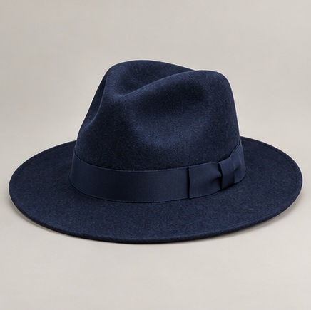 Navy Fedora hat with navy ribbon