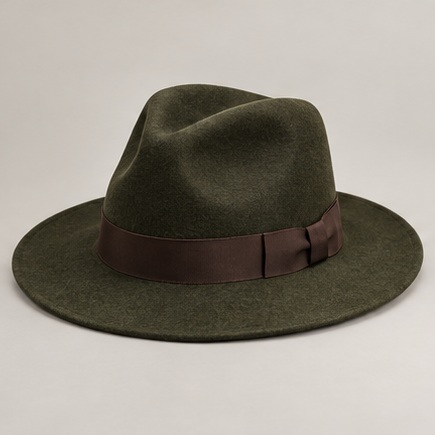 Olive Fedora hat with dark brown ribbon