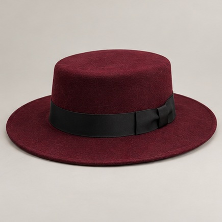 Burgundy Flat crown hat with black ribbon