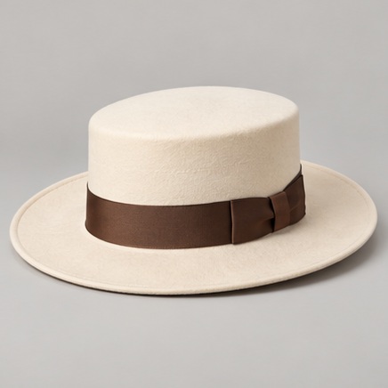 Ivory Flat crown hat with dark brown ribbon