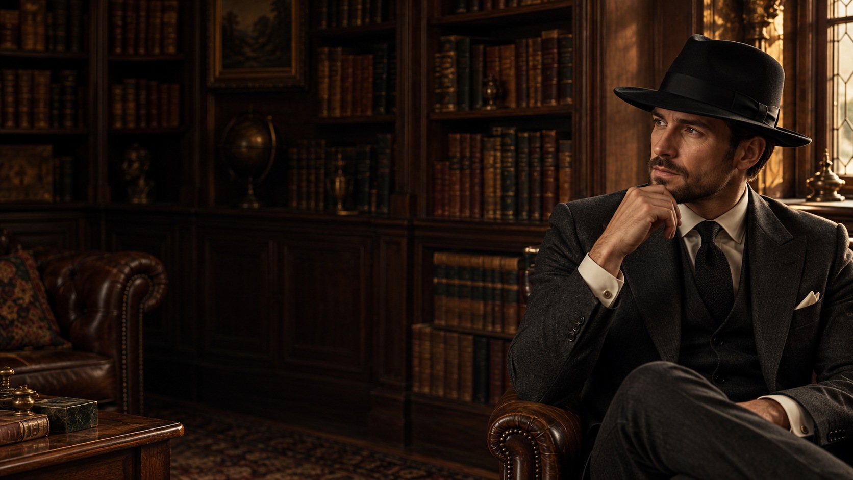 A gentleman wearing a black wide-brim fedora in a vintage library